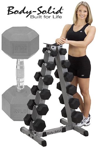 Body Solid 2-Tier Vertical Dumbbell Rack plus 6 Pairs of Rubber Coated Hex Dumbbells