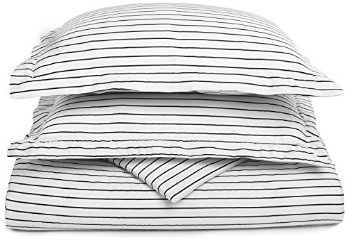 Cotton Blend 600 thread Count, Soft, Wrinkle Resistant, 2-Piece Twin Duvet Cover Set, Bahama Striped,  White with Black Stripes