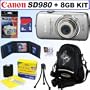 Canon Powershot SD980IS 12MP Digital Camera Silver + 8GB Accessory Kit