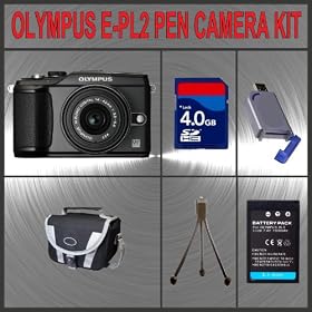 Olympus PEN E-PL2 Digital Camera (Black) W/14-42mm II Lens (Black) + Huge Accessories Package Including 4GB SDHC Memory Card + High Capacity BLS-5 Replacement Lithium-Ion Battery + Hi-Speed SD Card Reader + Carrying Case + Table Top Tripod Kit