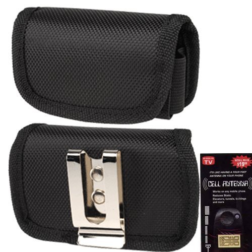 Canvas Horizontal Heavy Duty Case with Metal Clip and Velcro Closure Big Enough to Fit the Otterbox Defender or Commuter Case on your phone for Samsung Galaxy S3, SIII. Comes with Antenna booster.