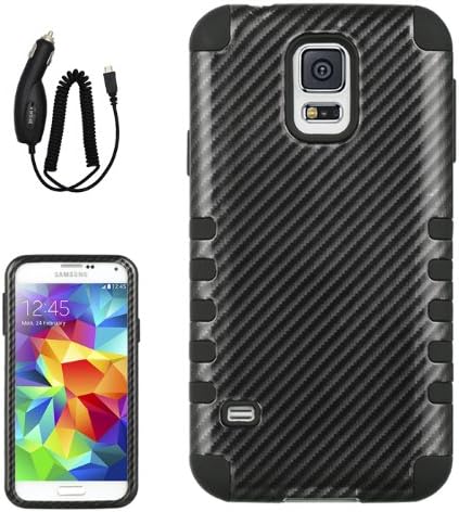 [ARENA] BLACK CARBON FIBER HYBRID RIBBED COVER HARD GEL CASE for SAMSUNG GALAXY S5 + FREE CAR CHARGER