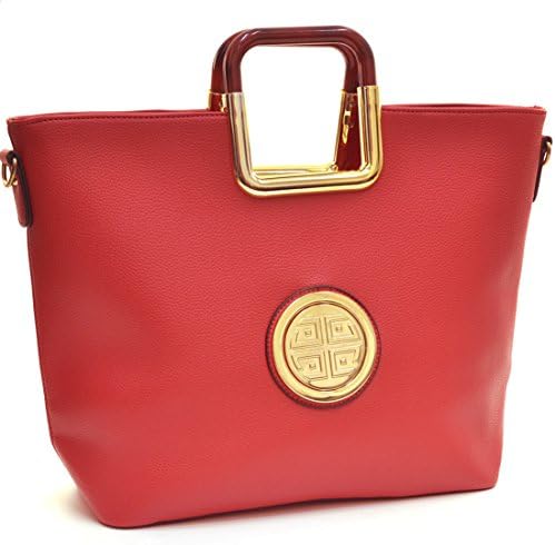 Dasein Flat Bottom Square Handle Emblem Tote with Removable Shoulder Strap