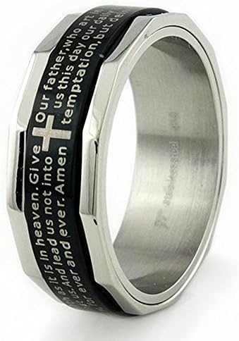 Black Stainless Steel Fancy Spinner Ring with Laser Engraved Lord's Prayer, Ring Band Width of 8MM