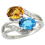 14k White Gold ( 8x6 mm ) Double Stone Engagement Swiss Blue Topaz & Citrine Ring w/ 0.07 Carat Brilliant Cut Diamonds & 2.34 Carats Oval Cut Stones, 3/4 in. (19mm) wide, size 8.5