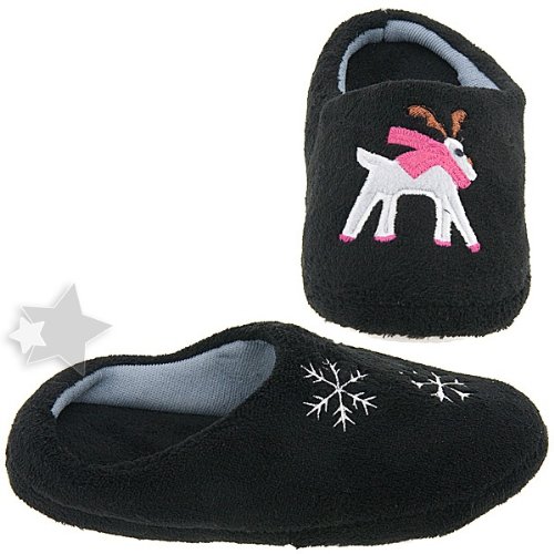 Black Reindeer Holiday Slippers for Women
