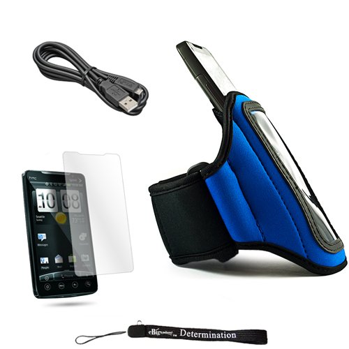 Blue Neoprene Adjustable Velcro Sportband / Workout Armband for T Mobile HTC EVO Mobile Phone + Includes a USB Cable to Charge and Sync mobile phone + a Anti Glare Screen Protector.