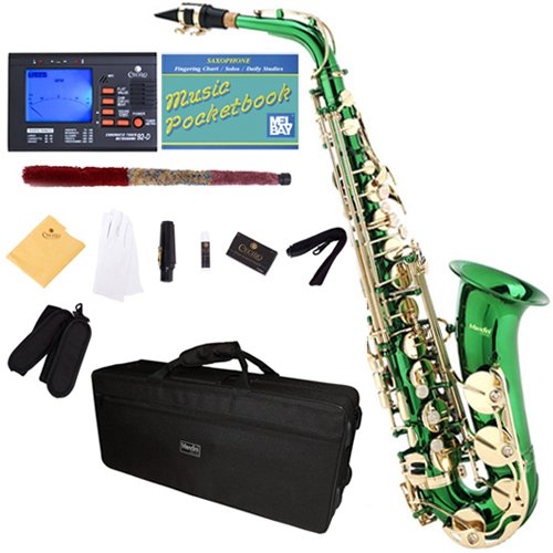 Mendini MAS-GL Green Lacquered E Flat Alto Saxophone + Case, Accessories & Free Chromatic Tuner with Metronome