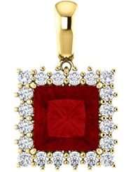 10K Yellow Gold 8.00x8.00mm Princess Cut Chatham Created Ruby and Diamond Pendant -- LIFETIME WARRANTY