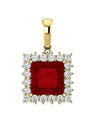 14K Yellow Gold 8.00x8.00mm Princess Cut Chatham Created Ruby and Diamond Pendant -- LIFETIME WARRANTY