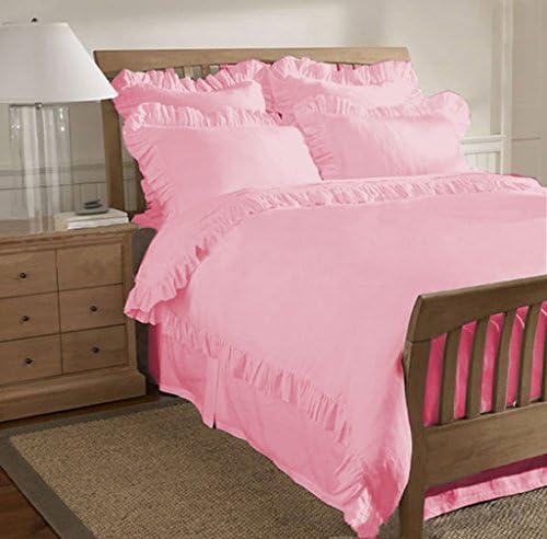 300 Thread Count 3 Piece Ruffle Hem Duvet Cover Set with Matching Pillow Shams Queen 100% Egyptian Cotton Pink