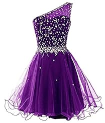 A-line Crystals Lace  Crystal Cocktail Short One Shoulder Tulle Homecoming Dress/Prom Dress/Mini Dress  With Rhinestones