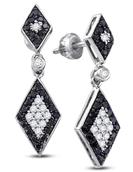 10K White Gold Round Brilliant Cut Black and White Diamond - Diamond Shape Channel Set Dangle Earrings with Secure Screw Back Closure - (.64 cttw.)