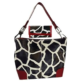 Red Giraffe Print Handbag Faux Leather Satchel Bag Hand Shoulder Bag Animal Purse Square Tote w/ Matching Wallet