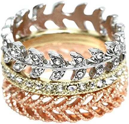 Set of 3 Tri Tone Leaf Rhinestone Stackable Rings Size 8 (8)