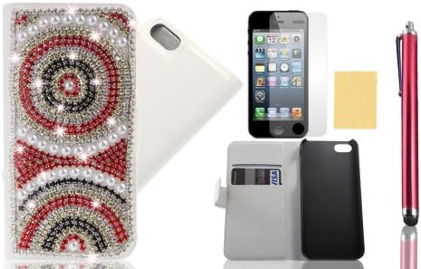 OMIU(TM) Concentric Circles Full Crystal Bling Rhinestones Diamonds Pearls Wallet Credit Card Leather Case Cover for iPhone 5 5S(Red), with Screen Protectors, Stylus and Cleaning Cloth