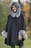 Women's Raven Hooded Alpaca Cape with Fox Fur Trim