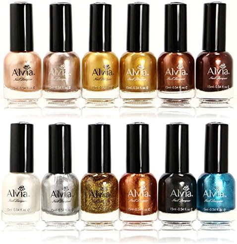 Alvia Metallic Gold Nail Polish Set (12 Colors Professional Quality and Quick Dry) 15ml 0.5fl each