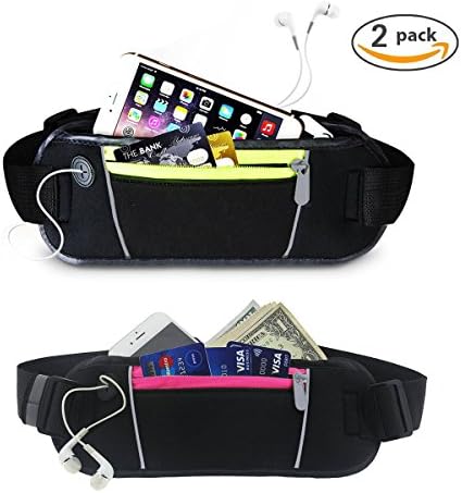 (2 Pack) Micool Running Belt / Fitness Workout Belt / Sport Waist Pack / Waist Pouch / Travel Money Belt / Exercise Waist Bag for Race, Hiking, Walking, Cycling, Traveling (2 Pack Green+Hot Pink)