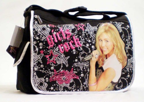 Hannah Montana Messenger Bag - Officially Licensed Girls Rock Black, Hot Pink, & Silver School Messenger Tote Bag with Metallic Silver Trim; Great Gift Idea For Girls (Kids & Childrens Messenger Style Backpack Book Bag)
