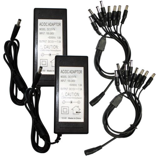 (Pack of 2) AC/DC Power Adapter Power Supply (12V 7Amp) and 1 to 8 Power Splitter for CCTV Surveillance Security Cameras
