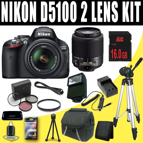 Nikon D5100 16.2MP CMOS Digital SLR Camera with 18-55mm f/3.5-5.6 AF-S DX VR Nikkor Zoom + Nikon 55-200mm f4-5.6G ED AF-S DX Nikkor Zoom Lens + 16GB DavisMAX Deluxe Accessory Kit
