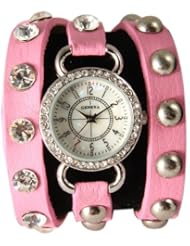 Geneva Wrap Around Watch with Crystal Rhinestones and Studs - Pink