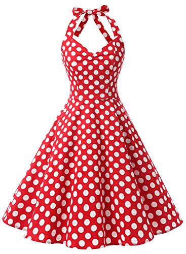 Dressystar ホルターネック ノースリーブ スイングワンピース 1950年代 水玉柄 ゴム入れるバック 発表会ドレス 結婚式ドレス
