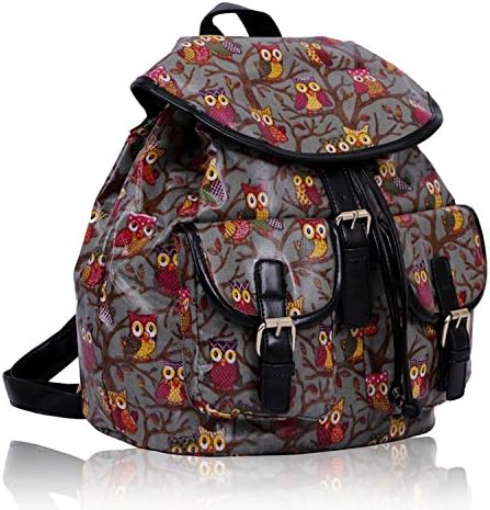 Ladies Oilcloth Grey Owl Print Rucksack Backpack Girls Leather Look Trim School Bag