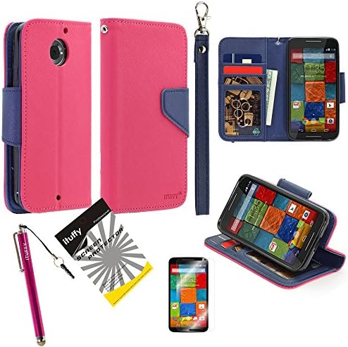 3 items Combo: ITUFFY (TM) LCD Screen Protector Film + Stylus Pen + MultiFunction 2-Tone Portfolio Leather Wallet with Inner Soft TPU Rubber Skin &amp; ID Card Slots with Lanyard and Magnetic closure for 2014 Release Motorola Moto X2 2nd Generation X+1 (5.2" Screen Size) (Hot Pink - Navy Blue)