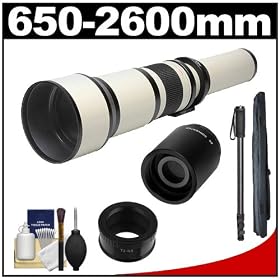 Rokinon 650-1300mm f/8-16 Telephoto Lens (White) (T Mount) with 2x Teleconverter (=2600mm) + Monopod + Accessory Kit for Samsung NX20, NX200, NX210 & NX1000 Digital Cameras