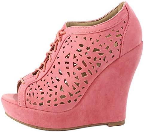 Emmie Coral Peep Toe Lace Up Laser Cut Out Faux Suede High Platform Wedge Dress Bootie Pumps-7