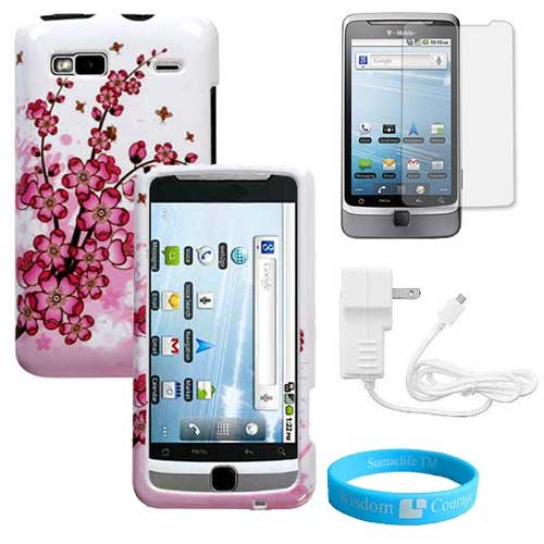 Spring Pink Orchid Flower 2 Piece Protector Case for HTC T-Mobile G2 + Rapid Wall Charger + Anti Glare Clear Screen Protector + Blue Wisdom * Courage Wristband