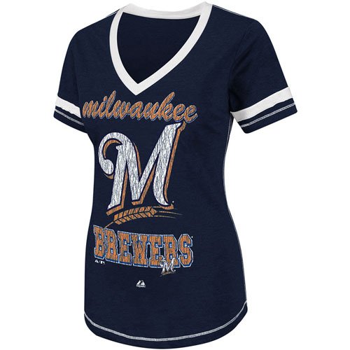 Majestic Milwaukee Brewers Ladies Bling Beauty Fashion Top - Navy Blue (Small)