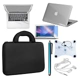 Skque 7 Accories for Apple MacBook Air 13.3: Clear Hard Plastic Crystal Case + 13.3 Inch Series LCD Screen Protector + Palm and Track Pad Protector for Laptop Notebook + 13.3inch Black EVA Carrying Case + Blue Aluminum Capacitive Stylus Pen + Laptop Notebook Cooler Pad w/ 3 Fans + White Headset
