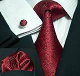 Landisun 29C Burgundy Paisleys Mens Silk Tie Set: Tie+Hanky+Cufflinks Exclusive