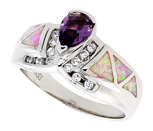 14K White Gold Rhodium Plated Sterling Silver Wedding & Engagement Ring Sterling Silver, Synthetic Opal Inlay Ring, w/ Pear Shape Amethyst CZ & Brilliant Cut CZ stone Accents For Women 12MM ( Size 6 to 9)