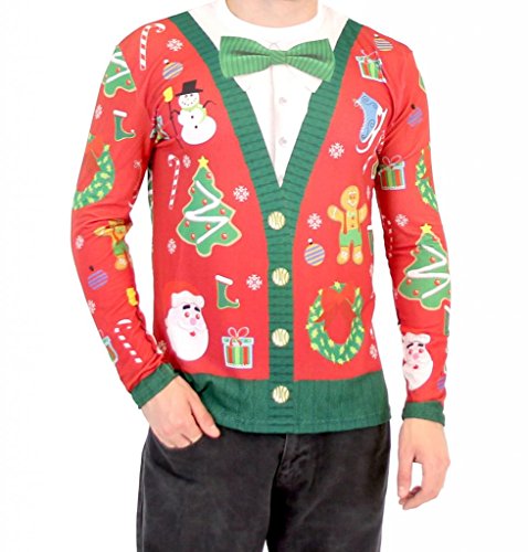 Christmas Cardigan with Bow Long Sleeve Ugly Christmas T-Shirt (X-Large)