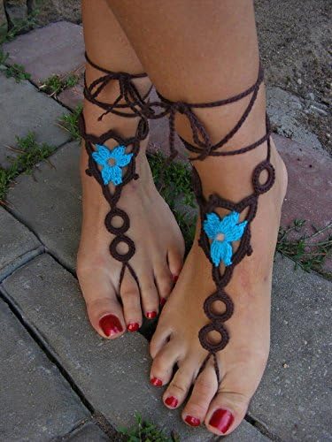 One Flower Barefoot Sandals, Neutral Nude Shoes, Bridal Shoes, Beach Anklet, Spring Wedding, Gift for Her, Sexy, Barefoot Sandles, Summer Shoes, Belley Dance Shoes, Yoga (Brown/ Blue)