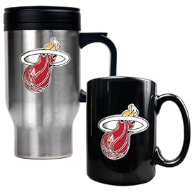 Miami Heat NBA 16 Oz Stainless Steel Travel Mug and Ceramic Coffee Mug Set