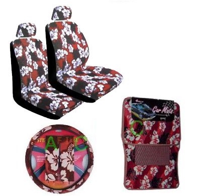11 Piece Hawaiian Auto Interior Gift Set - Red Hawaii Hibiscus Floral print : 2 Low Back Seat Cover, 2 Headrest Cover, Steering Wheel Cover, 2 Shoulder Harness Pressure Relief Cover, 2 Front Floor Mat and 2 Rear Floor Mat - Red