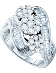 2.00 Carat (ctw) 14k White Gold Round & Baguette Cut Diamond Ladies Cocktail Cluster Flower Ring 2 CT