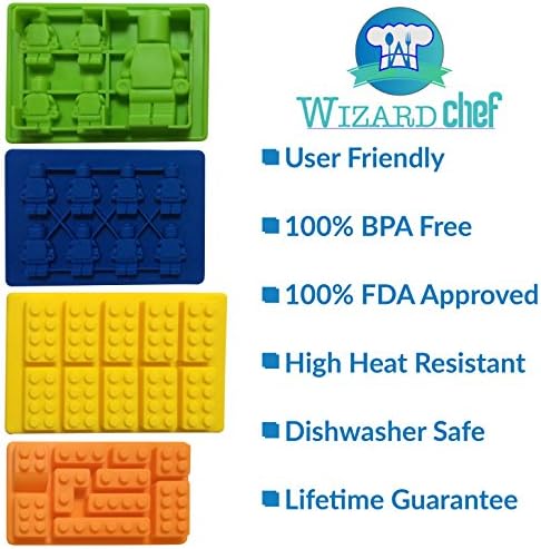 #1 Deluxe 4 Pack Silicone Lego Molds - Non-stick Ice Cube, Jello, Chocolate and Candy Trays for Kids and Adults - Fun Times for Your Kids Everyday - 100% Lifetime Guarantee