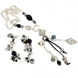Metal Glass Bead Necklace Bracelet Set Charm Heart Black Silvertone By Bucasi