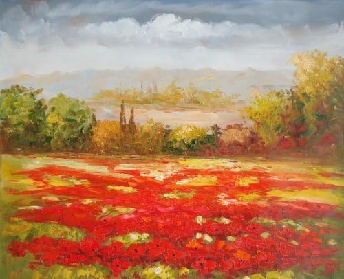 Fashion design modern Oil Painting on Canvas Wall Art Home Decoration Italian Tuscany Red Poppy Flower Field Vineyard 20 X 24 Inch