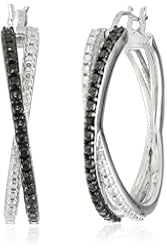 Sterling Silver Black Diamond Accent Cross Hoop Earrings