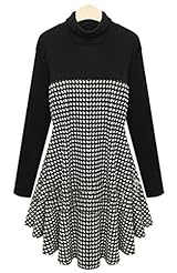 Turtleneck Spring Cotton Houndstooth Print Plaid Print Tunic 