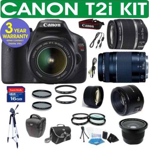 Canon Rebel T2i Digital Camera + Canon 18-55 Zoom Lens + Canon 75-300 Telephoto Zoom Lens + Canon 50mm Lens + .40x Super Wide Angle Fisheye Lens + 2x Telephoto Lens + 4 Piece Macro Kit + 16GB Memory Card + 3 Year Celltime Warranty