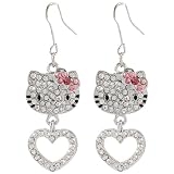 1 Pair of Hello Kitty rhinestone hook earrings with pink bow & heart charm