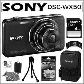 Sony Cyber-shot DSC-WX50 16.2MP Digital Camera with 5x Optical Zoom and 2.7-inch LCD in Black + Sony 4GB SDHC + Sony Case + Accessory Kit